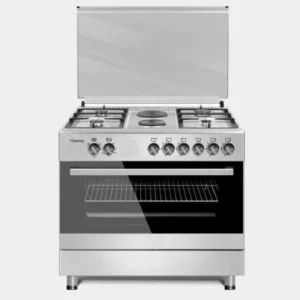 Stainless steel gas range with four burners, control knobs on the front, and a glass oven door with metal handle and lower storage drawer.