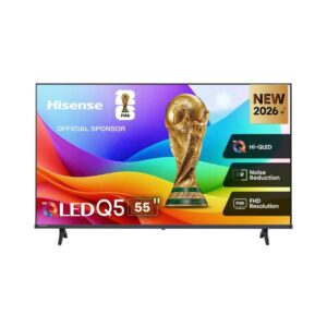 55-inch Hisense QLED TV with colorful background and FIFA World Cup trophy graphic on screen, promo-style image.